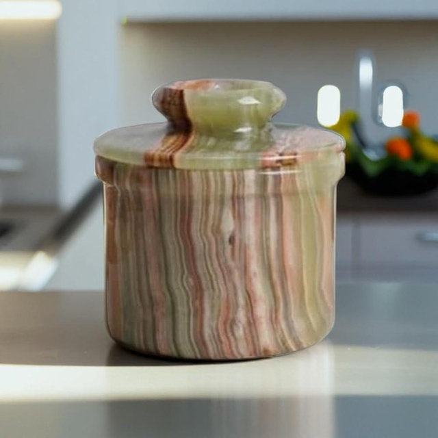 Handcrafted Round Marble Butter Keeper | Elegant Onyx Green French Butter Dish | Ideal Kitchen Storage for Soft Butter | Classic Breakfast Companion (Regular Size) (Marble)