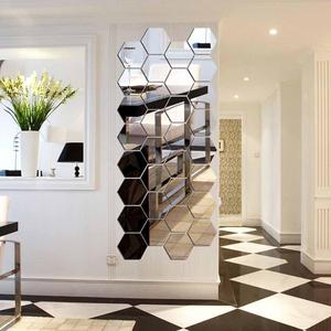 Hexagon Mirror, H2MTOOL 12 PCS 9cm Removable Acrylic Mirror Wall Stickers for Home Living Room Bedroom Decor (9cm, Silver)