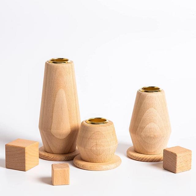 Wooden Candlestick Holders for Taper Candles Set of 3 | Luxury Wood Candle Holders with Gold Cups and Decorative Wooden Cubes | Fireplace Candle Holder | Candle Holders for Table