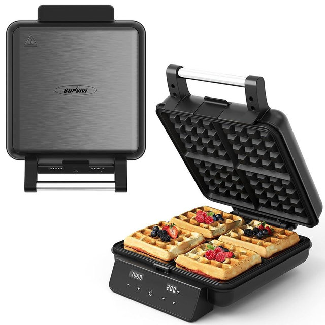 Sunvivi Waffle Maker 4 Slices with Quick Heat-Up, Time & Temperature Control, LCD Display, Nonstick Surface, Stainless Steel, Perfect Waffle Iron for Kids and Families, Black