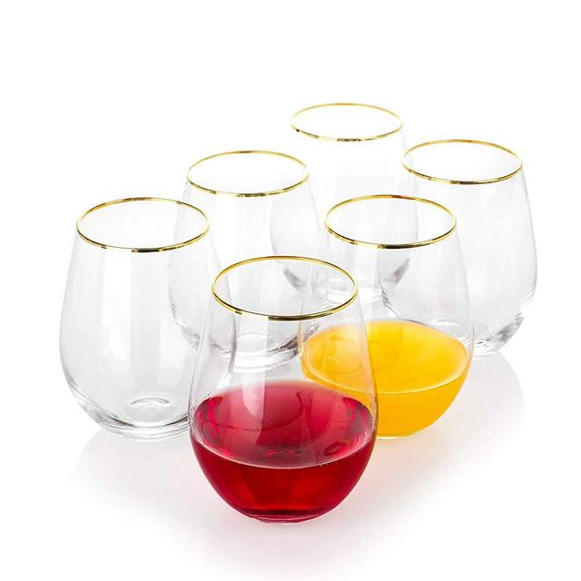 EVEREST GLOBAL Large Stemless Gold Rim Wine Glass set of 6, 18 oz Suitable for any Occasion Great Gift Idea