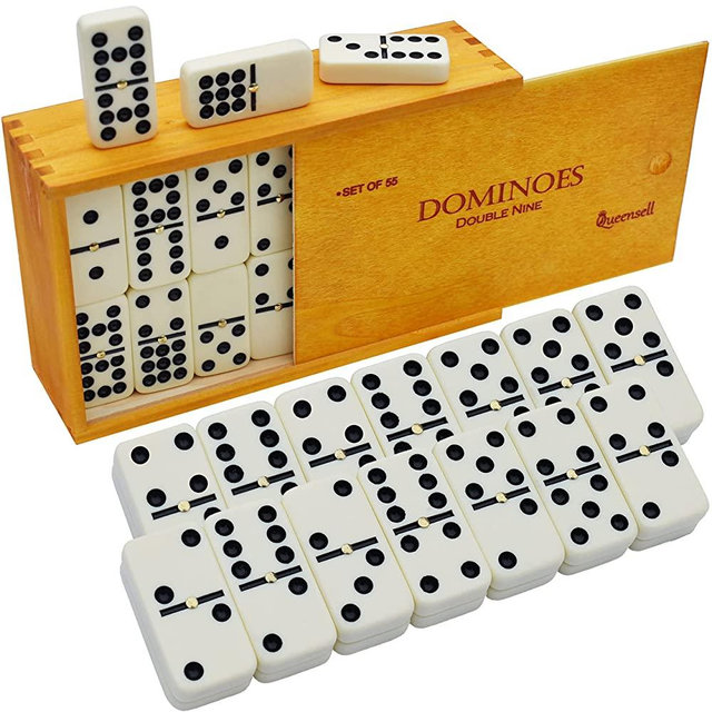 Dominoes Set for Adults - Double Nine Dominoes Set for Classic Board Games - Domino Set for Family Games - Double Nine Dominos Set 55 Tiles with Wooden Case