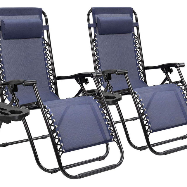 Homall Zero Gravity Chair Patio Folding Lawn Lounge Chairs Outdoor Lounge Gravity Chair Camp Reclining Lounge Chair with Cup Holder Pillows for Poolside Backyard and Beach Set of 2 (Blue)