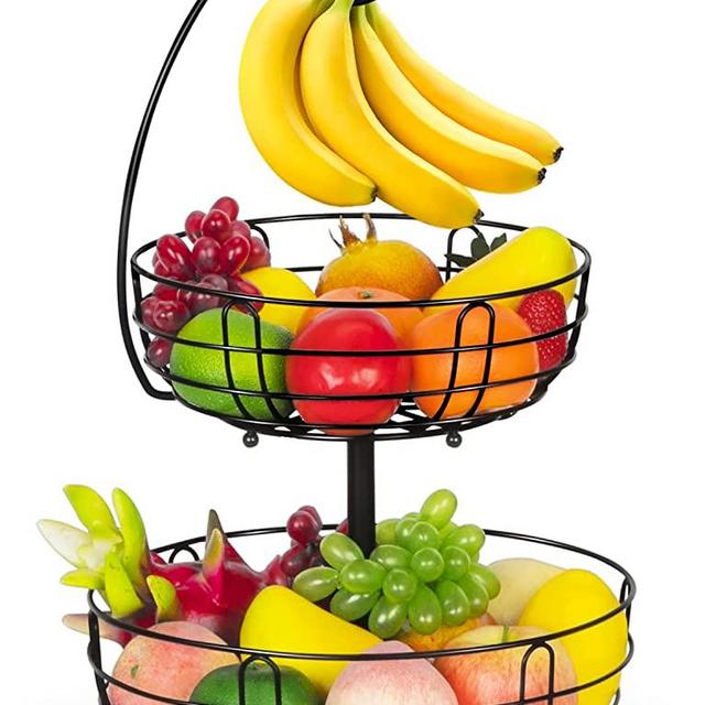 Bextcok 2 Tier Fruit Basket, Vegetables Fruit Bowl Storage with Banana Holder Hanger Hook Stand Organizer for Kitchen Countertop Counter, Black