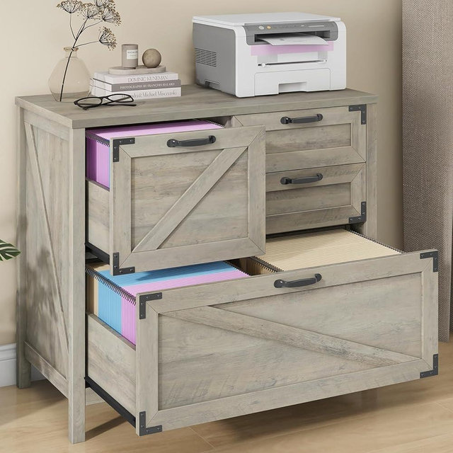 Halitaa Lateral File Cabinet with 4 Drawers, Farmhouse File Cabinet for Letter/Legal/A4 Size Hanging Files, Large Wood File Storage Cabinets Printer Stand for Home Office Cabinets, Rustic Grey