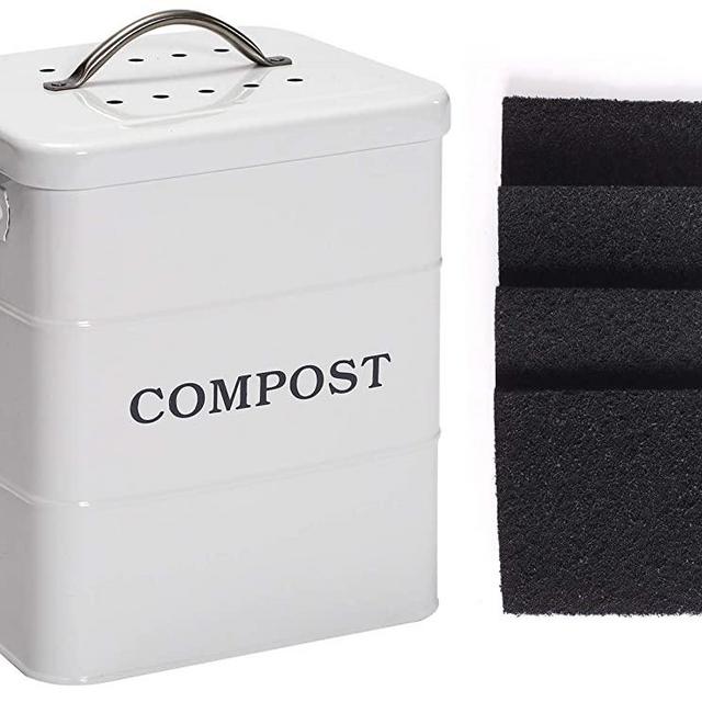 Morezi Indoor Kitchen Compost Bin for Kitchen Countertop, Great for Food Scraps, Carbon Steel, Handles, 1 Gallon - Includes 4 pcs Charcoal Filters for gifts - White