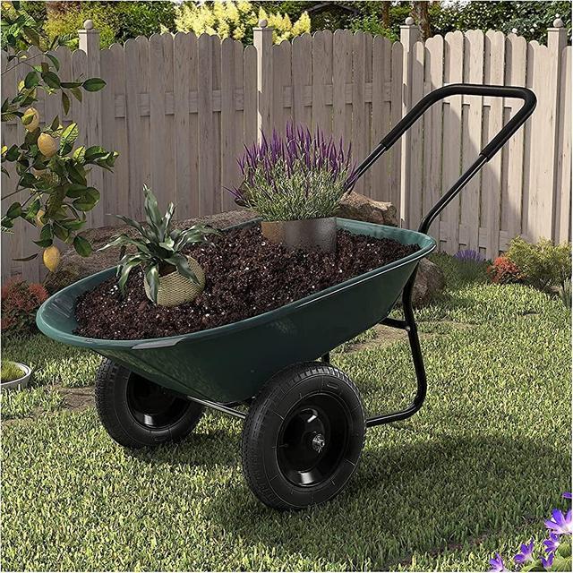 ARNOT Enlarged Dual-Wheel Wheelbarrow, Easy Loading and Dumping Garden Cart, Heavy Duty Utility Dump Cart for Lawn, Yard, Farm, Gardening & Planting, Green