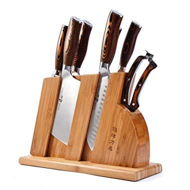 TUO Cutlery Knife Set with Wooden Block, Honing Steel and Shears-Forged HC German Steel X50CrMoV15 with Pakkawood Handle - Fiery Series 8pcs Knives Set