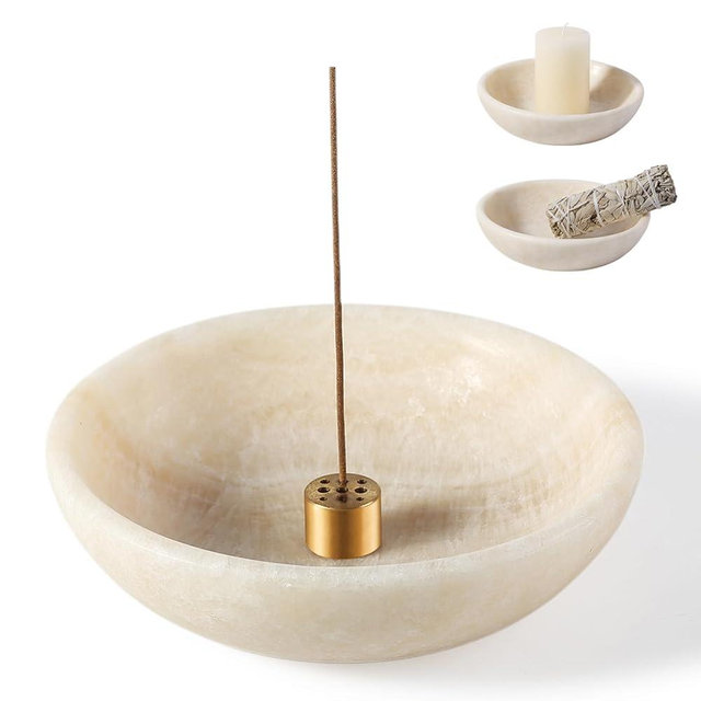 Koville Natural Marble Incense Holder, Incense Holder for Sticks with 9 Holes, Handmade Incense Burner Ash Catcher for Meditation Yoga SPA, Balsam Fir/Palo Santo/Sage/Cone(Ivory)