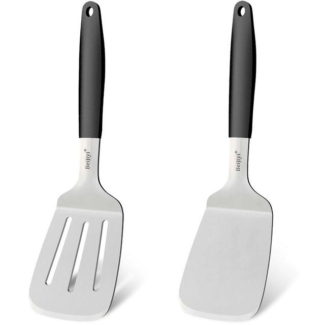 Beijiyi Stainless Steel Spatulas Set, Solid and Slotted Metal Turner Spatula for Cooking Cast Iron Skillet, Kitchen and Griddle Spatula with Full Tang Silicone Handle for Smash Burger, Pancake, Egg