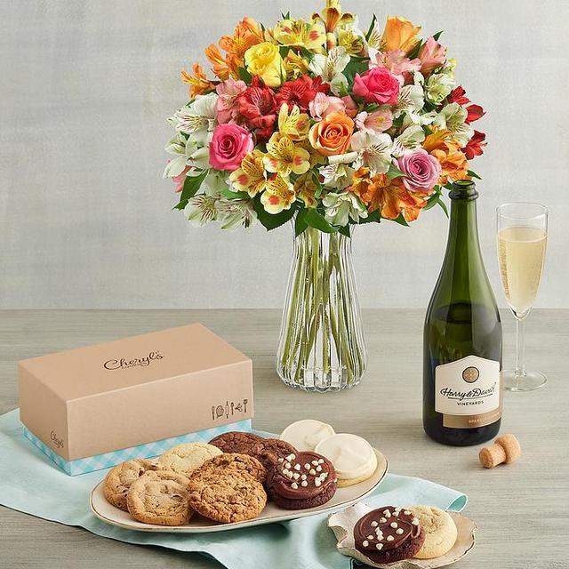 Assorted Roses & Peruvian Lilies, Cheryl's® Cookies, and Wine