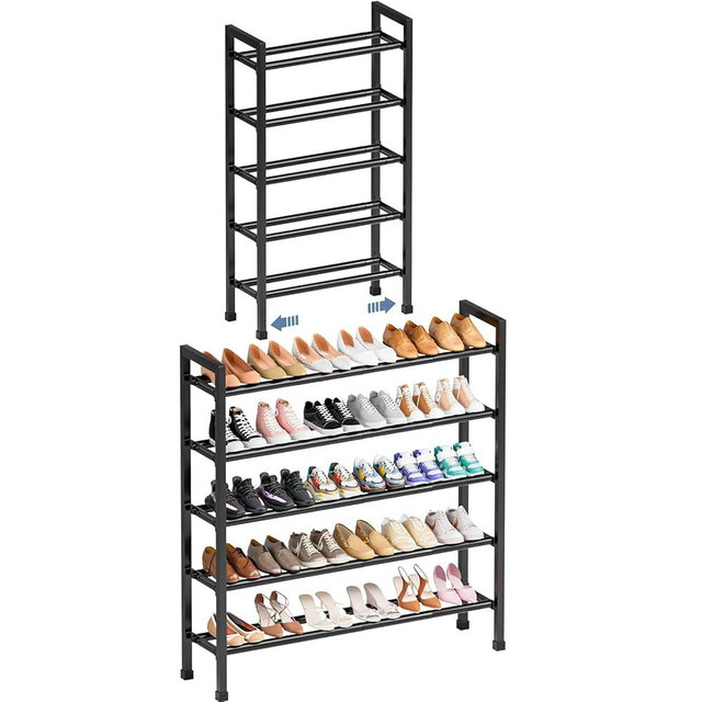 Mavivegue 5-Tier 19"-43.3" Adjustable Shoe Rack for Closet,Expandable Shoe Rack, Hall Entryway,Front Door,Garage, Sturdy Steel Space-Saving Rack, Black​