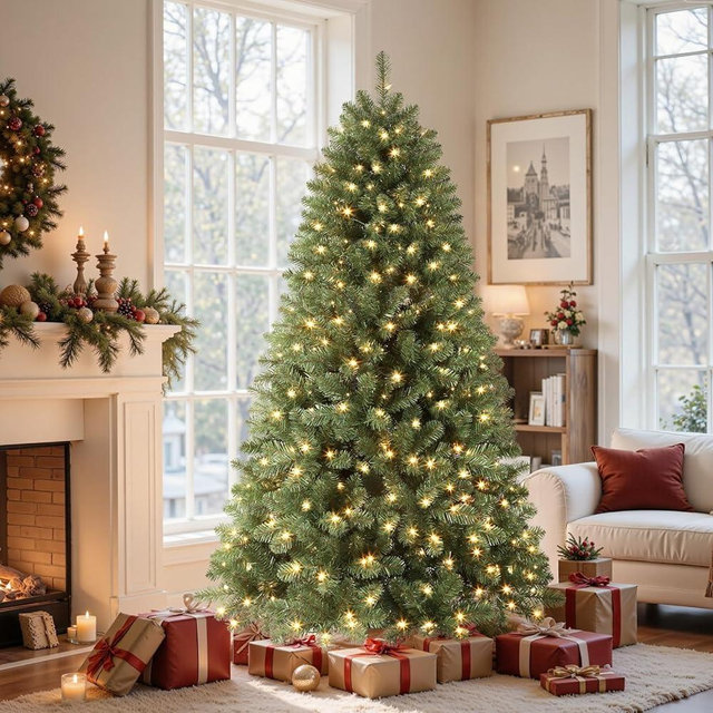 SHareconn 7.5ft Prelit Premium Artificial Classic Spruce Christmas Tree with Pre-lit 350 Warm White Lights, 1170 Branch Tips and Foldable Stand, Perfect Choice for Xmas Decoration, 7.5 FT, Green