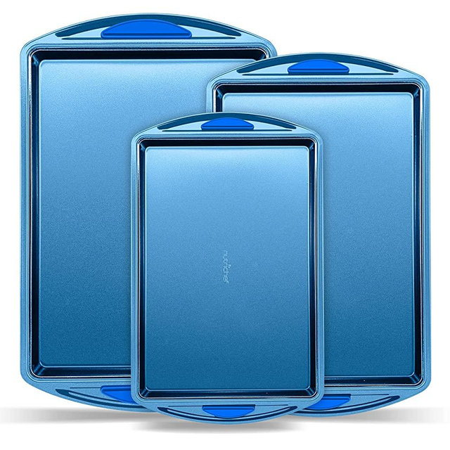 3 Piece Baking Pan Set - PFOA, PFOS, PTFE Free Flexible Nonstick Carbon Steel Bakeware Set - Home KitchenBake Pan Cookie Sheet Stackable Baking Tray Set w/ Blue Silicone Handles - NCBK3S