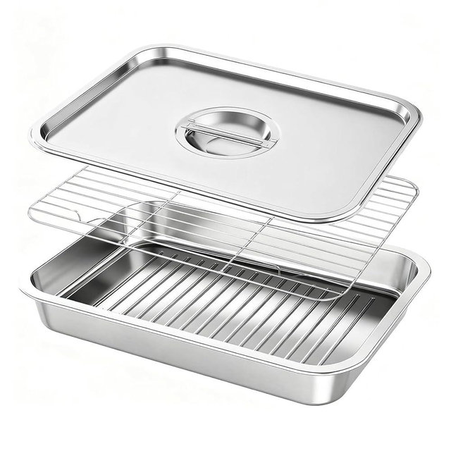 QURAS Stainless Steel Grill Prep with Lids –Serve Tray Grill Carry System for Large Food Prep, Marinating Containers, Oven Roasting, and Serving