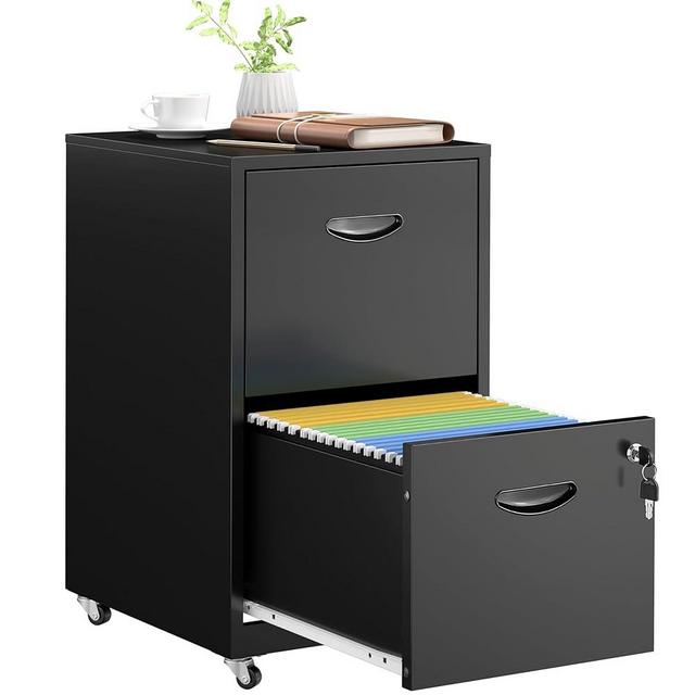 SteeLoong 2 Drawer File Cabinet with Lock，Black Rolling File Cabinet for Home Office, Metal Small Mobile Filing Cabinets on Wheels for Hanging Letter