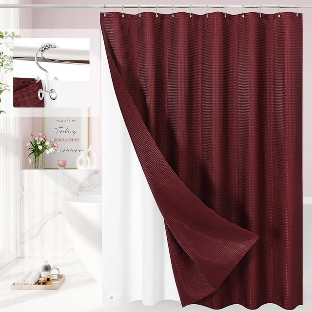 Craidlela 3 in 1 Shower Curtain Set, Burgundy Waffle Shower Curtain and PEVA Liner Set with 12 Stainless Steel Shower Curtain Hooks, Waterproof Fabric Shower Curtains for Bathroom, 72 W x 72 H