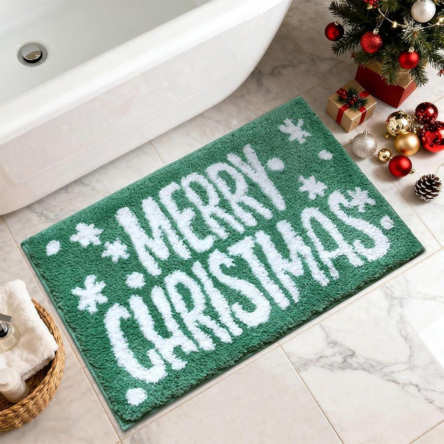 LUEOMRRO Christmas Bath Mat, Green Bathroom Rugs, Christmas Bathroom Decor, Extra Soft and Absorbent Cute Holiday Decorative Bath Rugs Non-Slip Machine Washable 24 x 16 Inch
