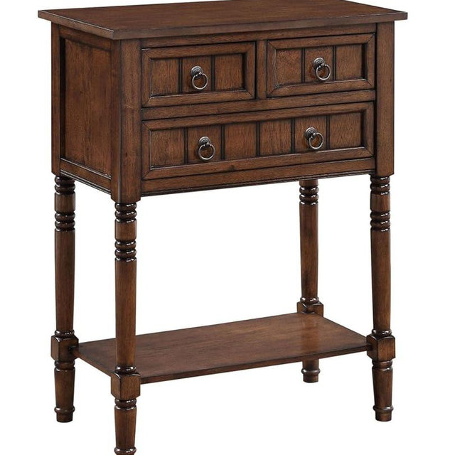 Convenience Concepts Kendra Entryway Hall Table 23.75" - 3 Storage Drawers, Traditional Console with Shelf for Decor, Office & Hallway Organizer, No Tools Assembly, Solid Wood Legs, Dark Oak
