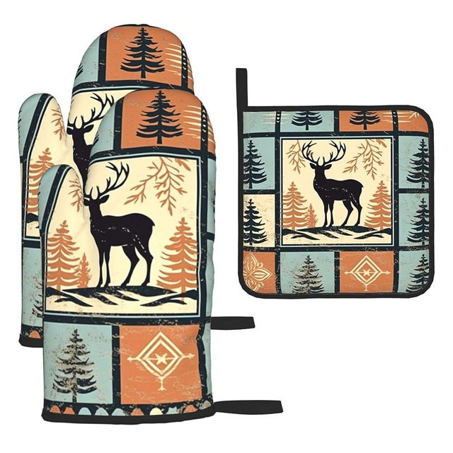 DJYQBFA Farmhouse Deer Oven Mitts and Pot Holder Set of 3 Pcs Patchwork Heat Resistant Oven Gloves Oven Mitts for Kitchen Backing Grilling