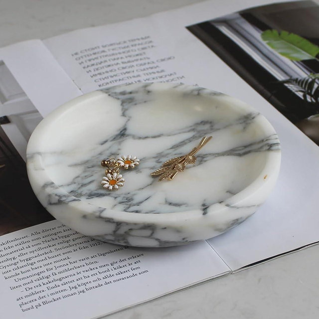 Natural Marble Travertine Jewelry Dish 5.5", Trinket Dish for Ring Earring, Gift for Woman Daugther (Arabescato Calacatta)