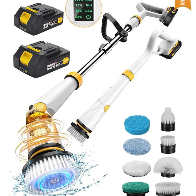 Qimedo Electric Spin Scrubber with Two Batteries Q2 Pro,1500 RPM High Power Electric Scrubber for Cleaning,Shower Cordless Cleaning Brush with Display for Tub/Tile/Floor (Effortless Handle/8 Brushes)