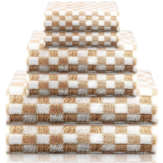 Kinlop 6 Pcs Bath Towel Set 2 Bath Towel 2 Hand Towel 2 Washcloth Soft Quick Dry Bathroom Towel Set for Bathroom Home Gym Spa Beach Accessories(Khaki, Checkered)
