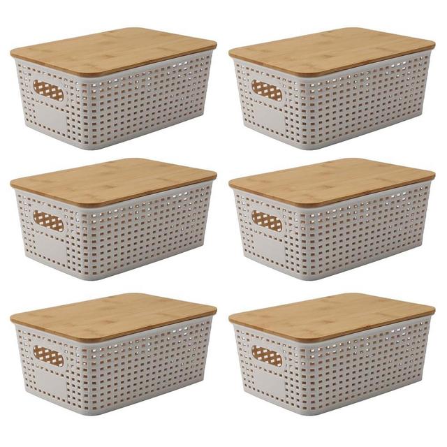 LASIEYO 6 Packs Storage Bins with Bamboo Lids, Decorative Storage Bin with Lids, Plastic Storage Bins Organizer Baskets with Bamboo Lids, Pantry Organization and Storage Containers Storage Baskets