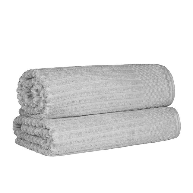 Cotton Highly Absorbent Solid and Checkered Border Bath Sheet Set, Silver - Blue Nile Mills