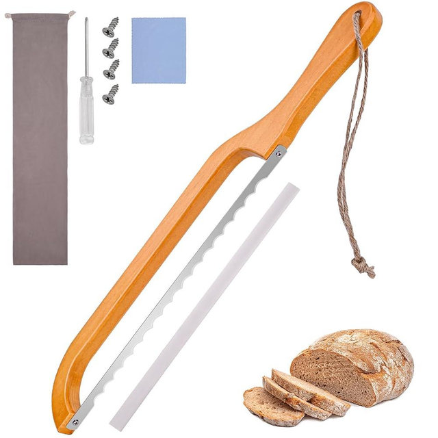 Hrwfnty Wooden Bread Bow Knife, 15.7-inch Serrated Bread Slicer, Premium Stainless Steel Sourdough Bread Knife, Fiddle Bow Design Easy to Cutting, Used for Homemade Bread, Bagels, Baguettes