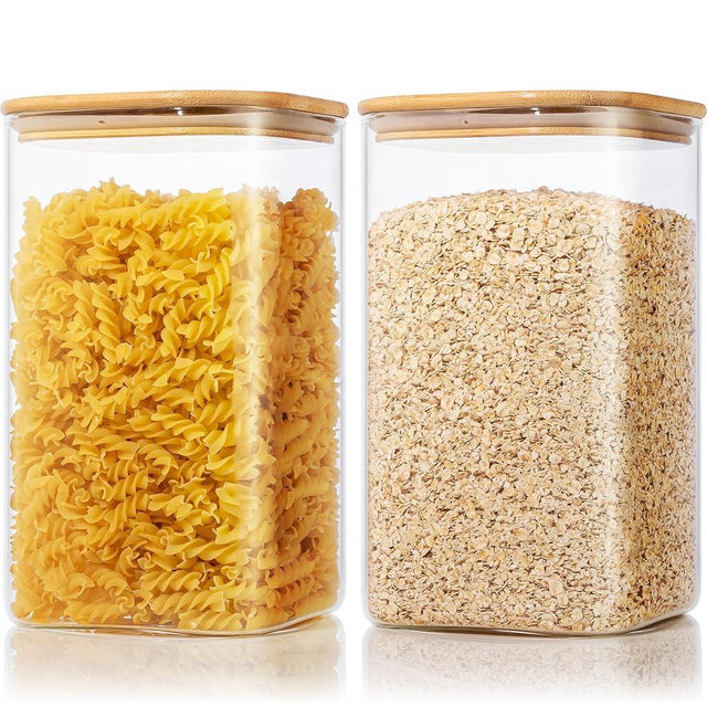 Extra Large Square Glass Flour & Sugar Storage Containers with Airtight Lids, 168oz 2 Pack Glass Jars with Bamboo Lids, Air tight Pantry Food Storage Containers for Cereal, Pasta, Rice Organizers