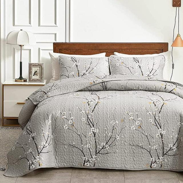 3 Piece Reversible Quilt Set Gray Branch Queen Size 88x88 Soft Microfiber Lightweight Coverlet Bedspread Summer Comforter Set Bed Cover for All Season (1 Quilt+ 2 Shams)
