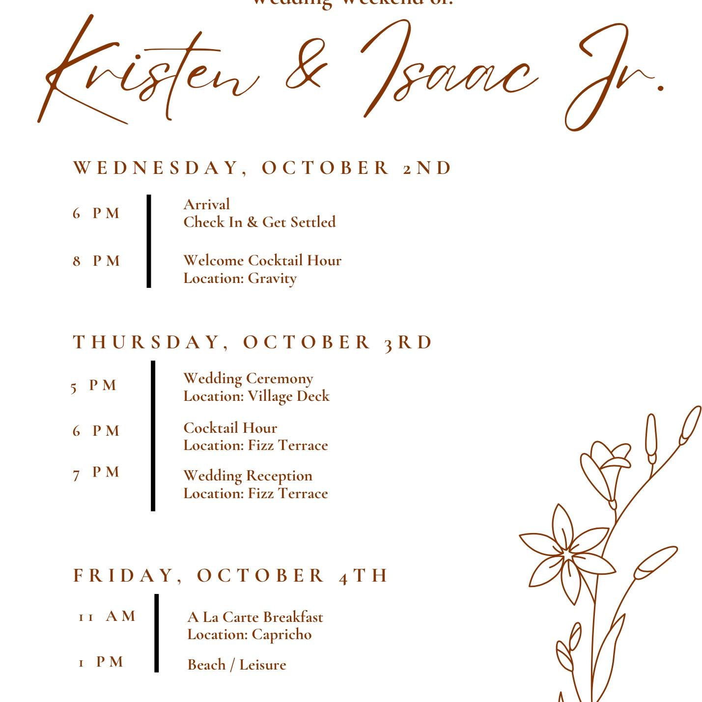 Wedding Events Itinerary