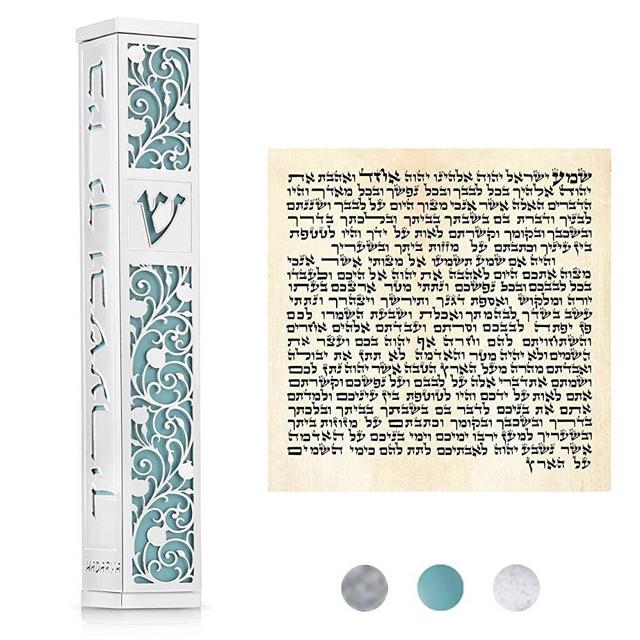SURI Silver Modern Mezuzah Case with Blue, Self Stick Mezuzah with Scroll for Door, Jewish Mezuza 5” Waterproof for Outdoors. Home Blessing and Protection Cover
