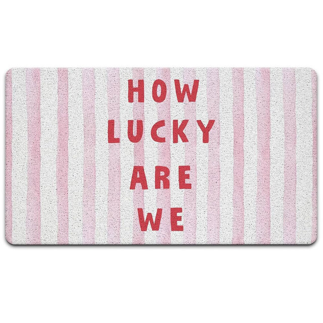 JINYO Trendy Aesthetic Pink Red Striped Door Mat, Cute Girly How Luck are We Welcome Mat Doormat for Girls Room Dorm Apartment Indoor Outside Entrance Entryway, 17x30 Inch