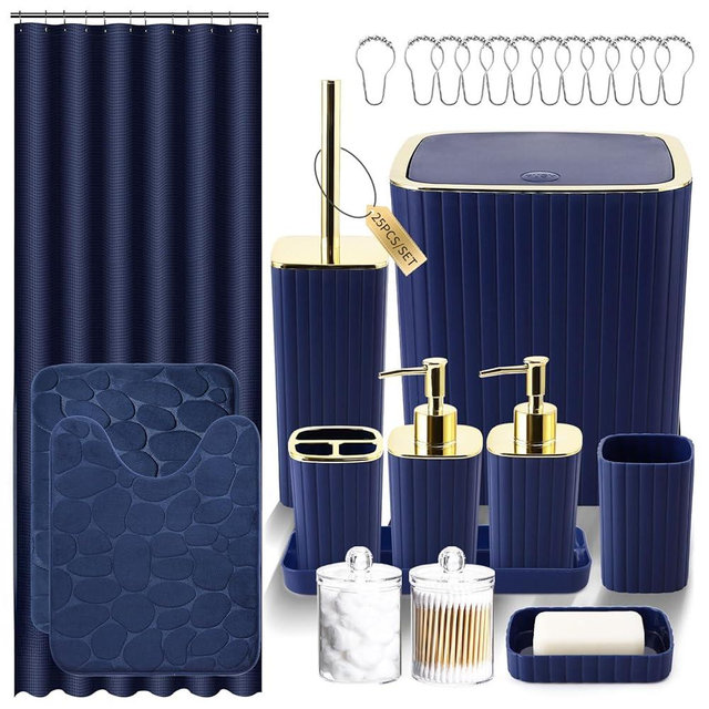 XLHOMO Bathroom Set with Shower Curtain and Rugs- 25PC Blue Bathroom Accessory Set, Navy Blue Shower Curtain Set, Toilet Brush, Trash Can, Qtip Holder Dispenser & Soap Dispenser