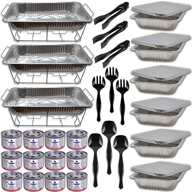 Buffet Serving Kit, 3 Sets W/Fuel- Wire Racks, Water Pans, Half Size Food Pans w/covers, Serving Spoons, Forks, Tongs, 12 Fuel Cans (2.5 hrs each)- Chafing Dish Food Warmers for Parties and Catering