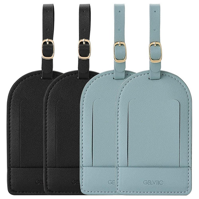 GELVTIC Leather Luggage Tags for Suitcase Tag Set Privacy Protection with Identifie Name Lable ID Card Baggage tag for Men Women Kids Girls Travel, 2 Pack (LT06-Black*2+Sky Blue*2)