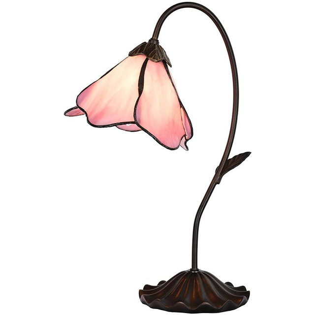 Bieye L10810 Pink Flower Tiffany Style Stained Glass Table Lamp with 8 inches Wide Bent Glass Lampshade Lily Pad Base, 19 inches Tall