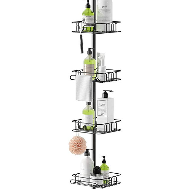 SEIRIONE Rustproof Shower Corner Caddy Organizer for Bathroom, Freestanding Tension Pole with 4 Baskets, for Bathtub Shampoo Accessories Storage Rack, Black, 4.5 to 9.5ft Height