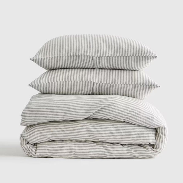 Quince - European Linen Stripe Duvet Cover Set in Grey/White Stripe - Queen