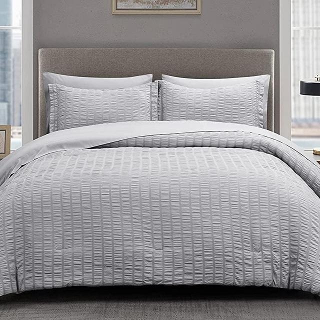 CozyLux King Seersucker Comforter Set with Sheets Light Grey Bed in a Bag 7-Pieces All Season Bedding Sets with Comforter, Pillow Sham, Flat Sheet, Fitted Sheet, Pillowcase