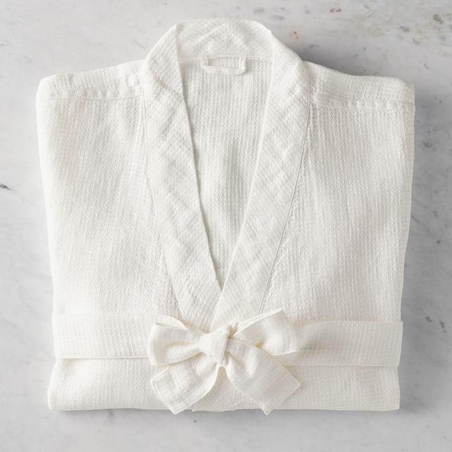 White Belgian Flax Linen Waffle Robe, Extra Small/Small
