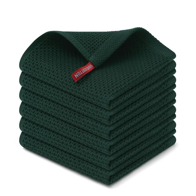Kitinjoy 100% Cotton Kitchen Dish Cloths, 6 Pack Waffle Weave Ultra Soft Absorbent Dish Towels for Drying Dishes Quick Drying Kitchen Towels Dish Rags, 12 X 12 Inches, Blackish Green