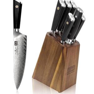 SHAN ZU Damascus Kitchen Knife Set, 7-Piece Professional Knife Sets for Chefs, Japanese 10Cr15CoMoV Super Steel With G10 Handle Knife Block Set, GYO Series