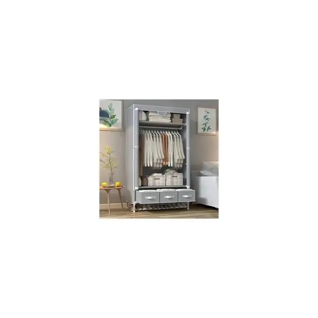 Portable Clothes Closet Rolling Door Wardrobe with Hanging Rack, Non-Woven Fabric Storage Organizer w/ Three Drawer Boxes No-Tool Assembly