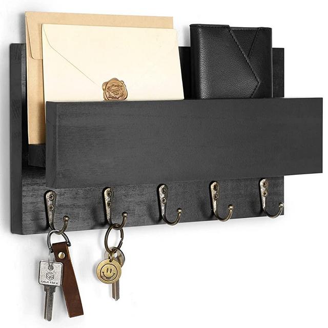 Rustic Key Holder for Wall, Decorative Home Key Hanger with Shelf, 5 Large Hooks and Flush Mounting Hardware – Entryway Mail Organizer Handmade of Paulownia Wood with Wall Anchors and Screws (Black)