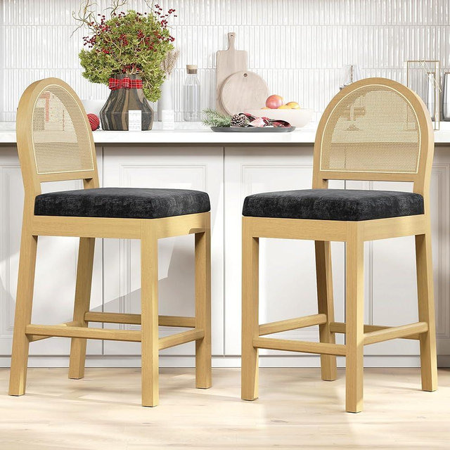 STHOUYN Upholstered Rattan Bar Stools Set of 2, Wooden Counter Height Stools with Natural Rattan Woven Back and Chenille Seat, Mid-Century Modern Island Chairs Barstools for Kitchen (2, Black)