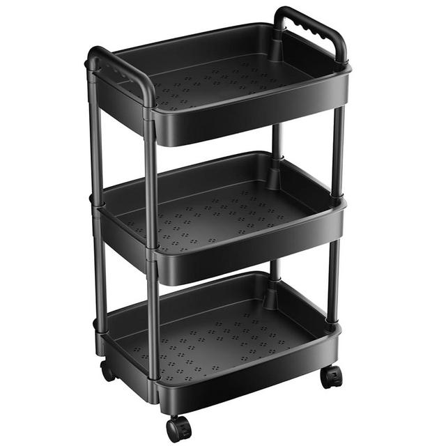 7 code 3 Tier Rolling Cart, Plastic Storage Cart, Multi-Functional Utility Cart Kitchen Storage Organizer,Mobile Shelving Unit Cart with Lockable Wheels for Bathroom,Laundry,Living Room,Black