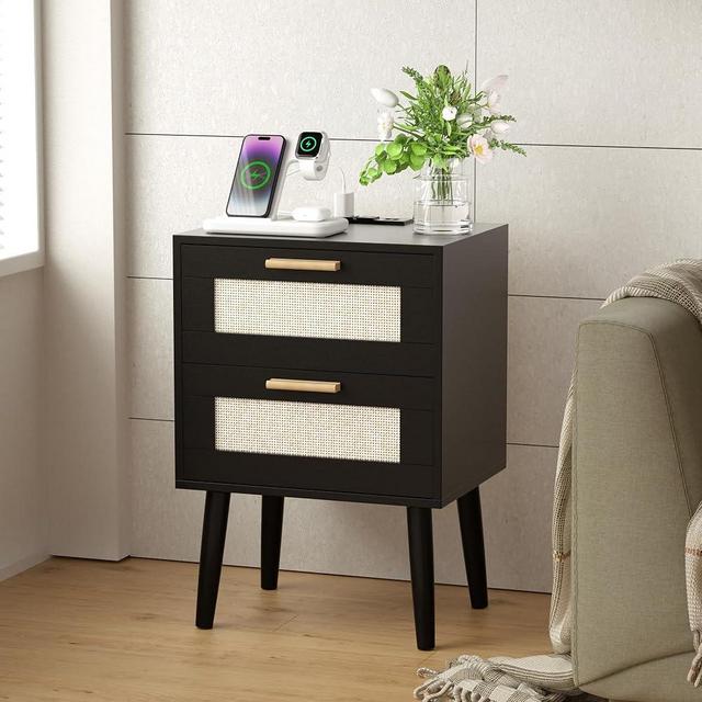 Ltysh Nightstand with Charging Station,Rattan Night Stand with Solid Wood Legs, Bedside Table with USB Ports & Outlets Bed Side Table,End Table for Bedroom,Living Room(Black)